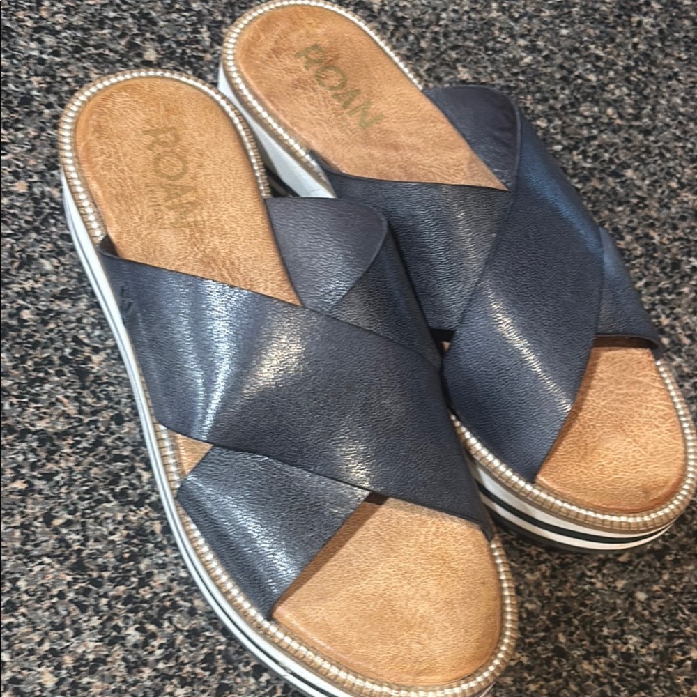 ROAM Blue and Tan Slide Sandals with Crossover Straps and Comfortable Footbed
